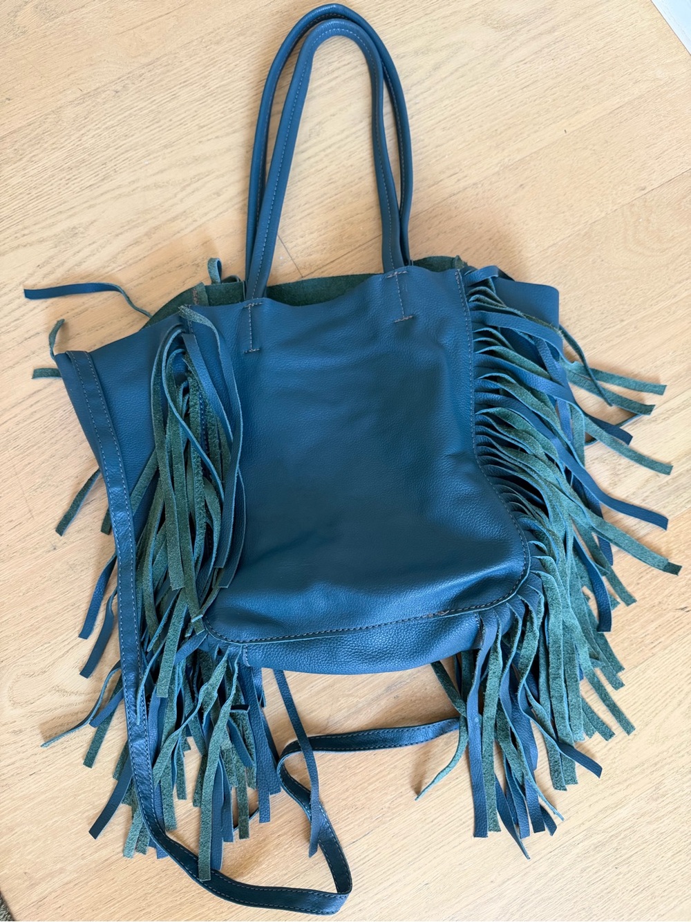 Cleobella Fringe Leather Tote Bag in Teal